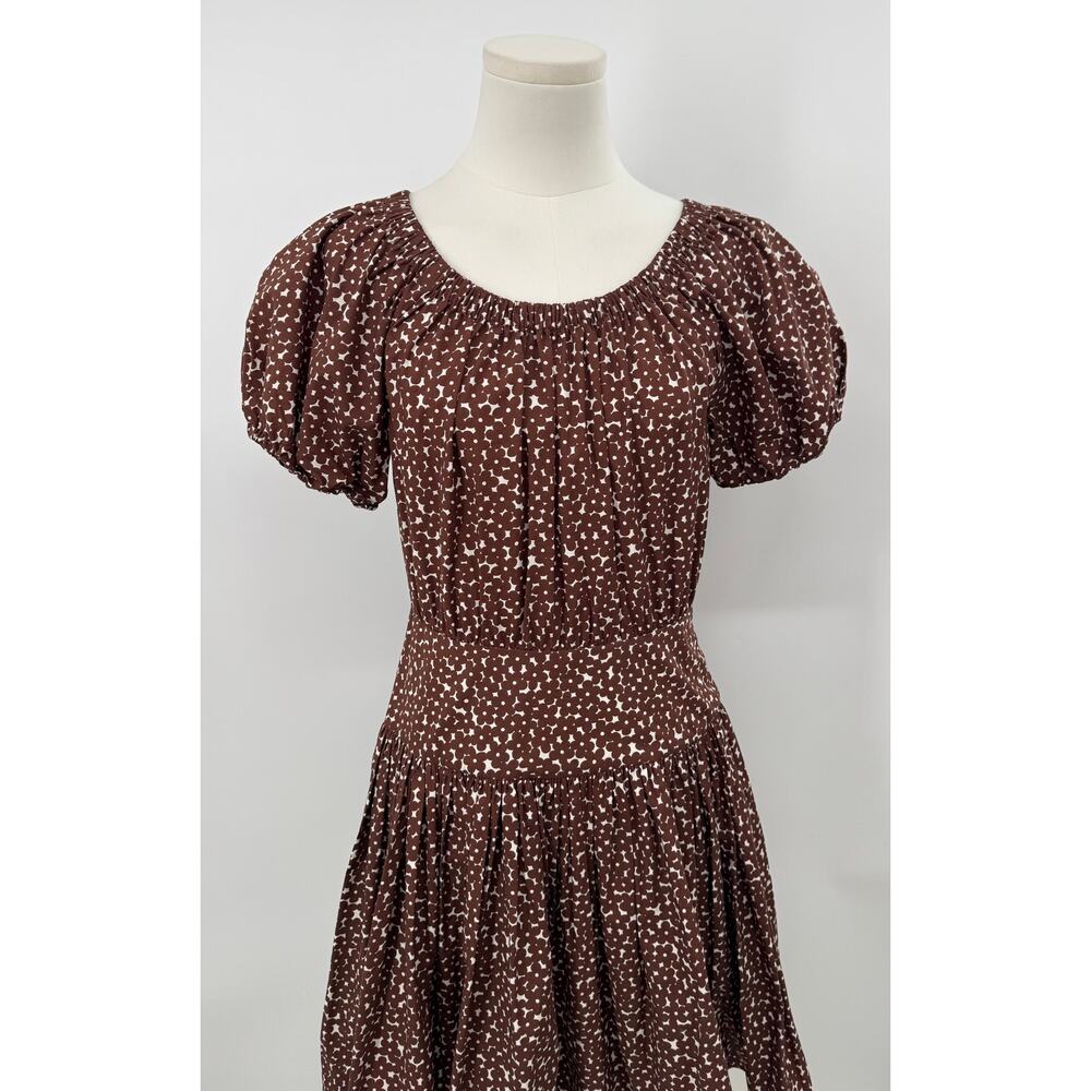 J Crew Brown White Floral Puff Sleeve Dress Cotton Poplin Mini Drop Waist 2 NWT